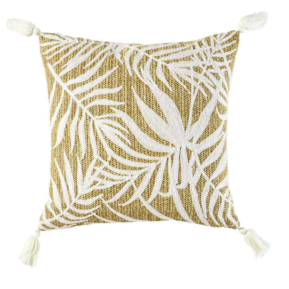 FOLIAGE - Coussin tressé et motifs brodés feuillages blancs 45x45