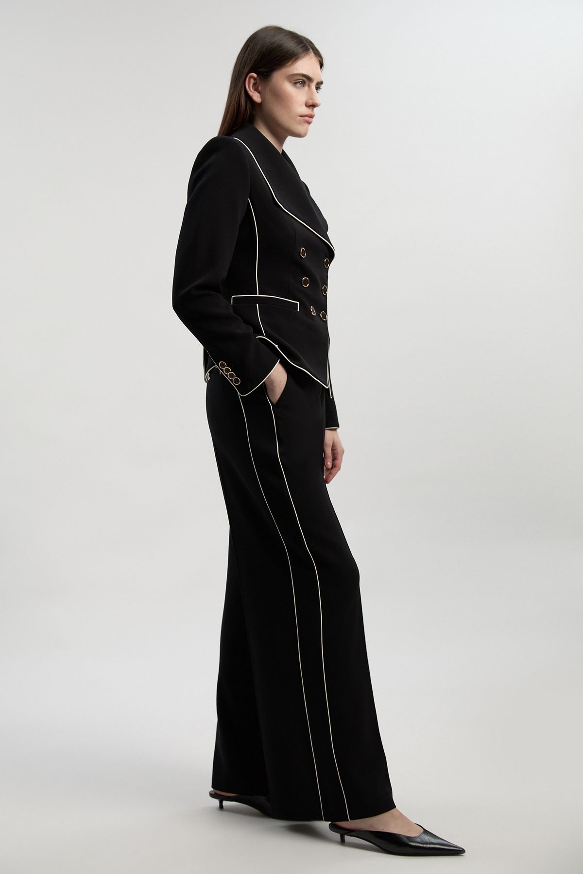 KarenMillen Compact Stretch Contrast Tipped Wide Leg Tailored Trouser