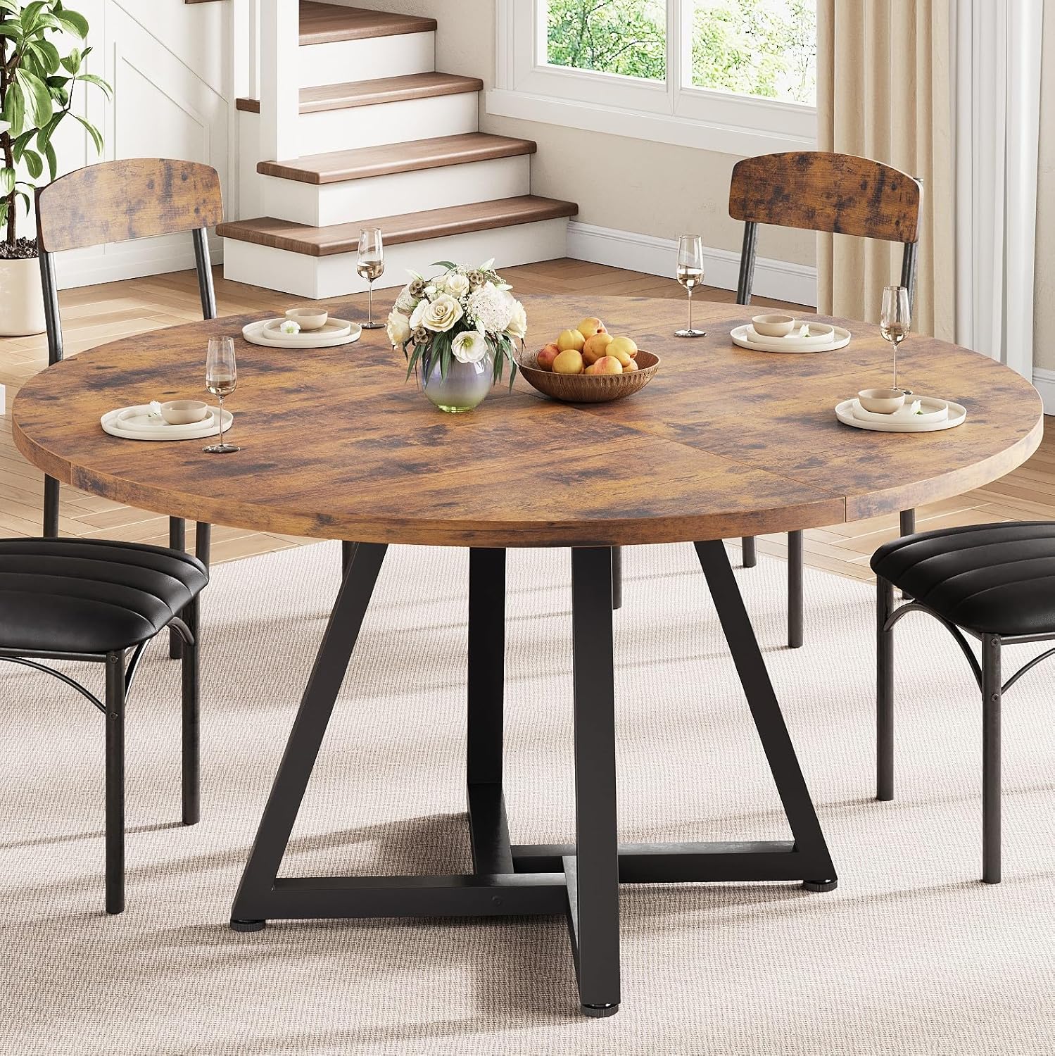 Jocoevol Round Kitchen Dining Room Table Circle Dining Dinner Table with Pedestal Metal Frame, Space Saving Wood Industrial Furniture for Small Space (Rustic Brown, 47IN)