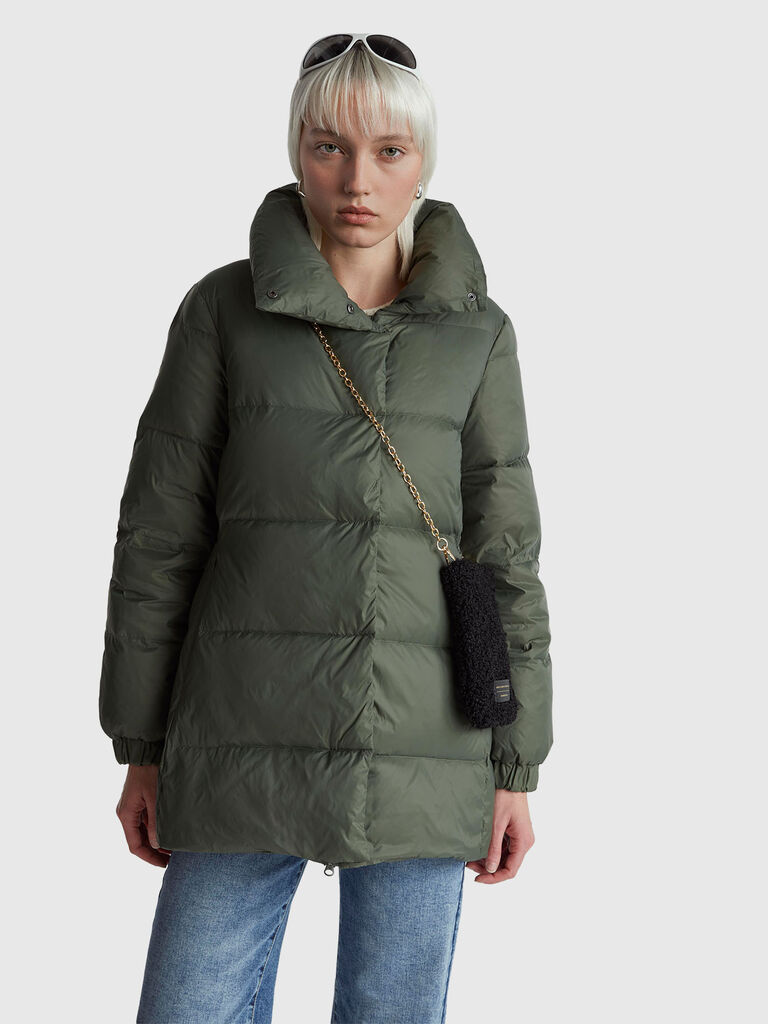 Long puffer jacket with recycled down