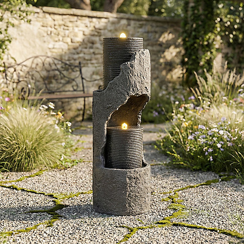 Fontaine de jardin avec LED - Aspect pierre - Résine de fibre de verre aspect pierre - Pompe puissante - Anthracite