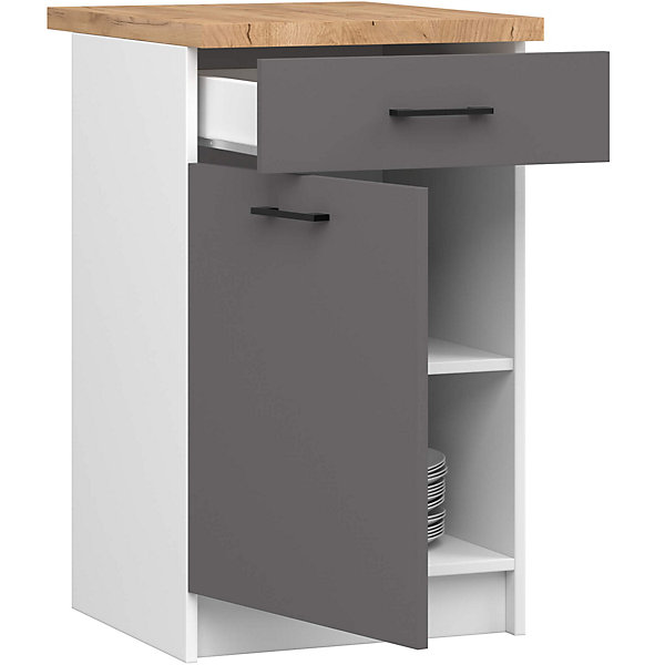 Armoires de cuisine basse AKORD S50 OLIWIA Blanc 50 cm 1 porte 1 tiroir façade Gris Graphite 2 étagères 50x46x85 cm