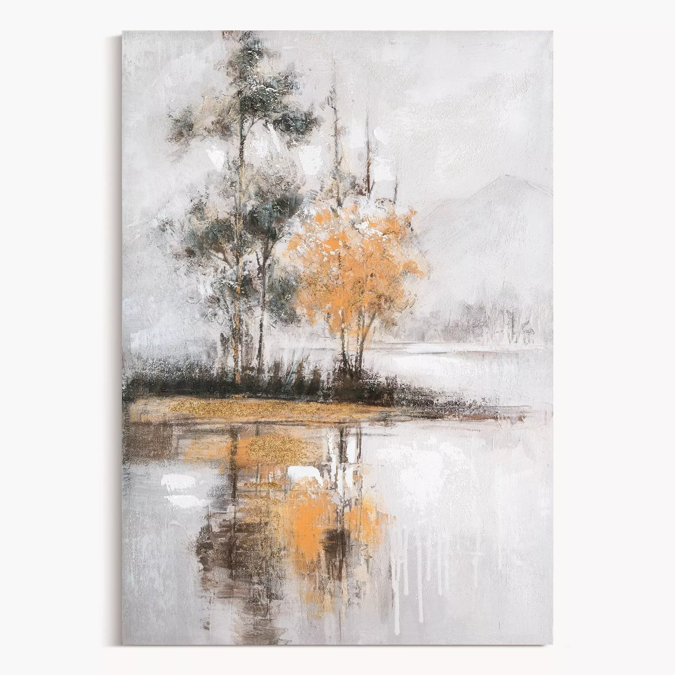 Obraz pejzaż popielato, miedziany ręcznie malowany na płótnie 70x100 cm