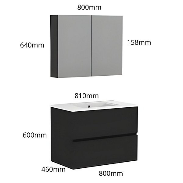 Ensemble meuble salle de bain 80 cm   armoire - plan céramique - Noir mat - A suspendre - Donna