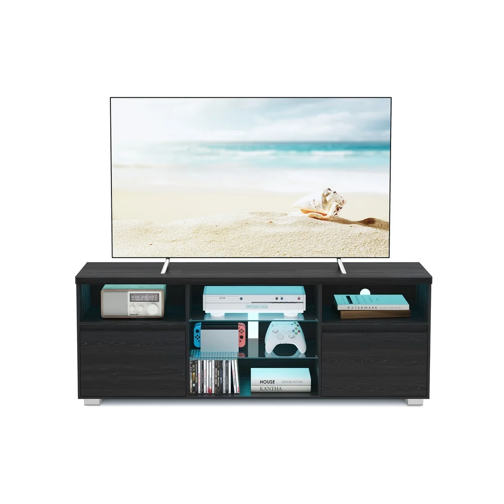 LED Moderne Meuble TV avec Étagères Ouvertes en Verre