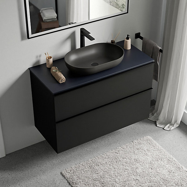 Meuble sous vasque suspendu MDF Noir mat, plan vasque Bleu nuit mat, poignée Anthracite mat - 80x46x62cm - LAVOA