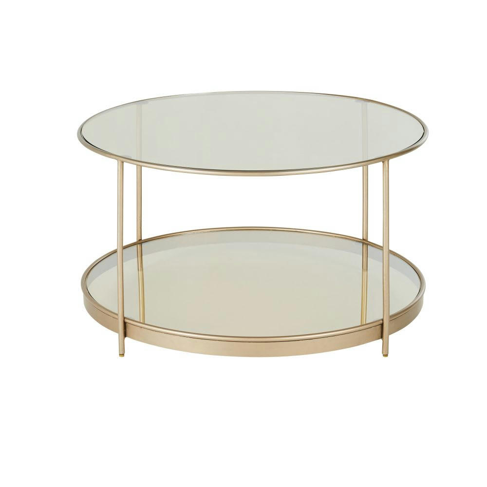Agosti - Table basse ronde 2 plateaux en métal coloris laiton rosé et verre trempé