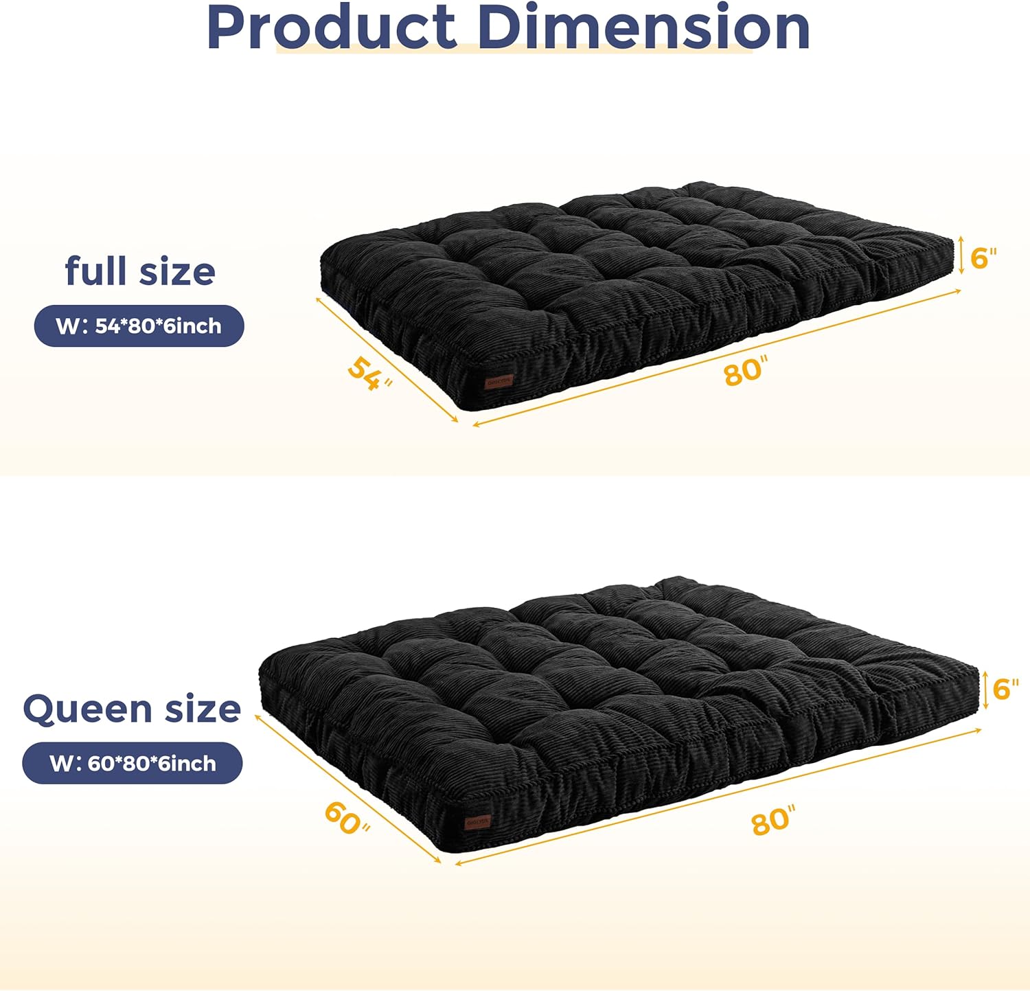 MAXYOYO 6 Futon Mattress Full Size, Tufted Futons Sofa Couch Bed with Twisted Rope Design Edging, Thick Corded Fabric Floor Mattress for Adults, Shredded Foam Filling (Frame Not Included), Black