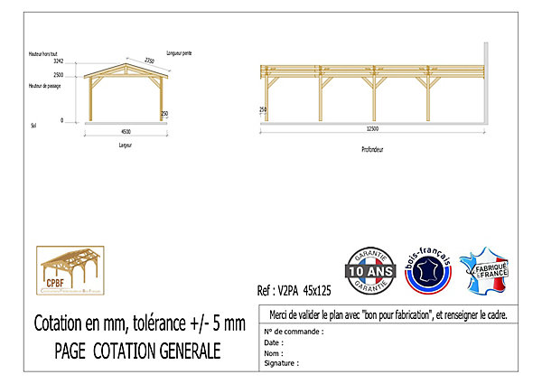 Carport adossé deux pentes 450cmx950cm bois DOUGLAS Français (Charpente en bois-auvent-abri voiture) 43m². Garantie 10 ans