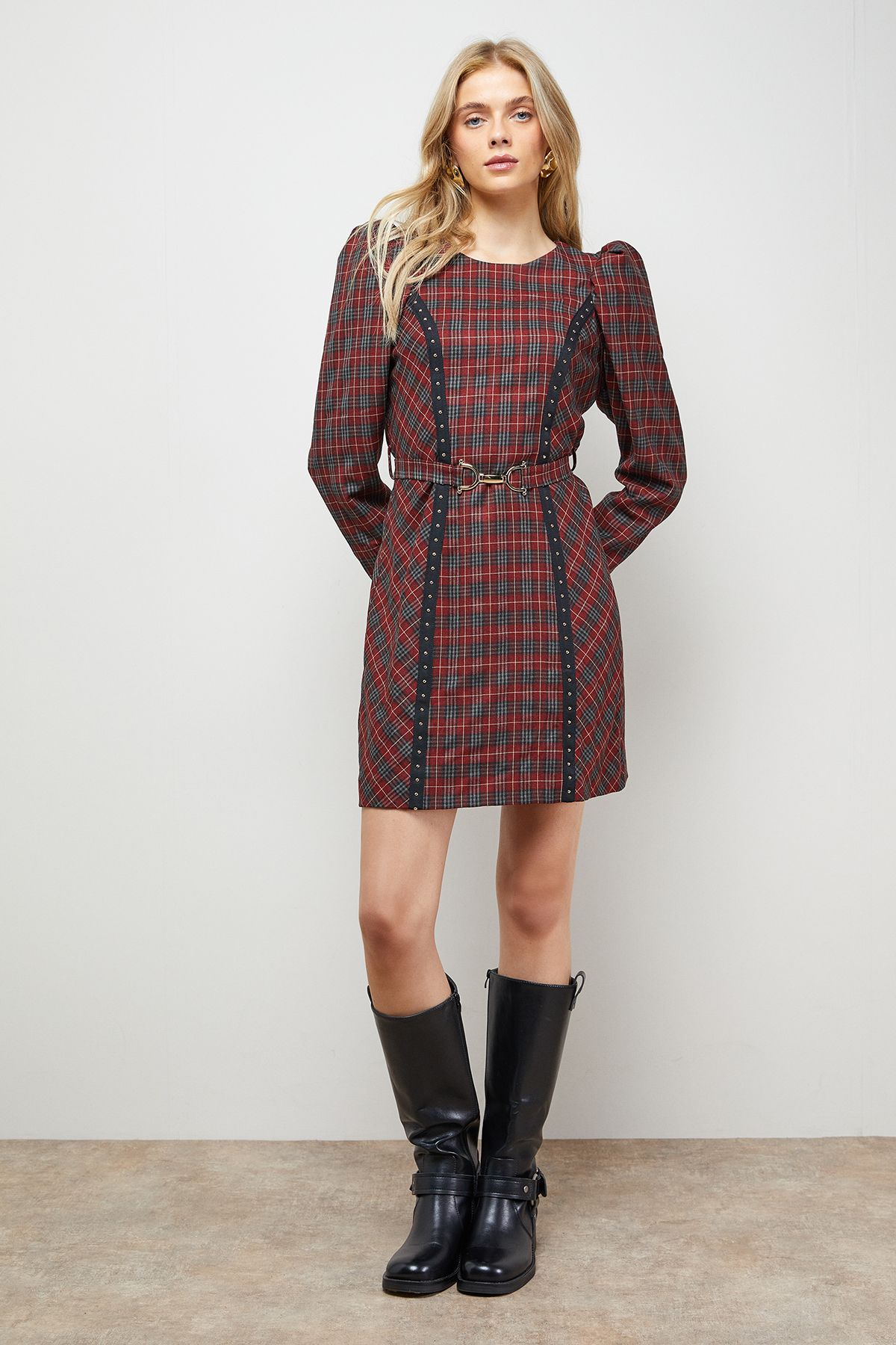 Oasis Checked Belted Crew Neck Mini Dress