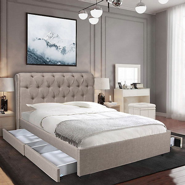 Lit 2 places 140x190cm CHALIN beige avec tête de lit inclus sommier et 4 tiroirs pour rangement
