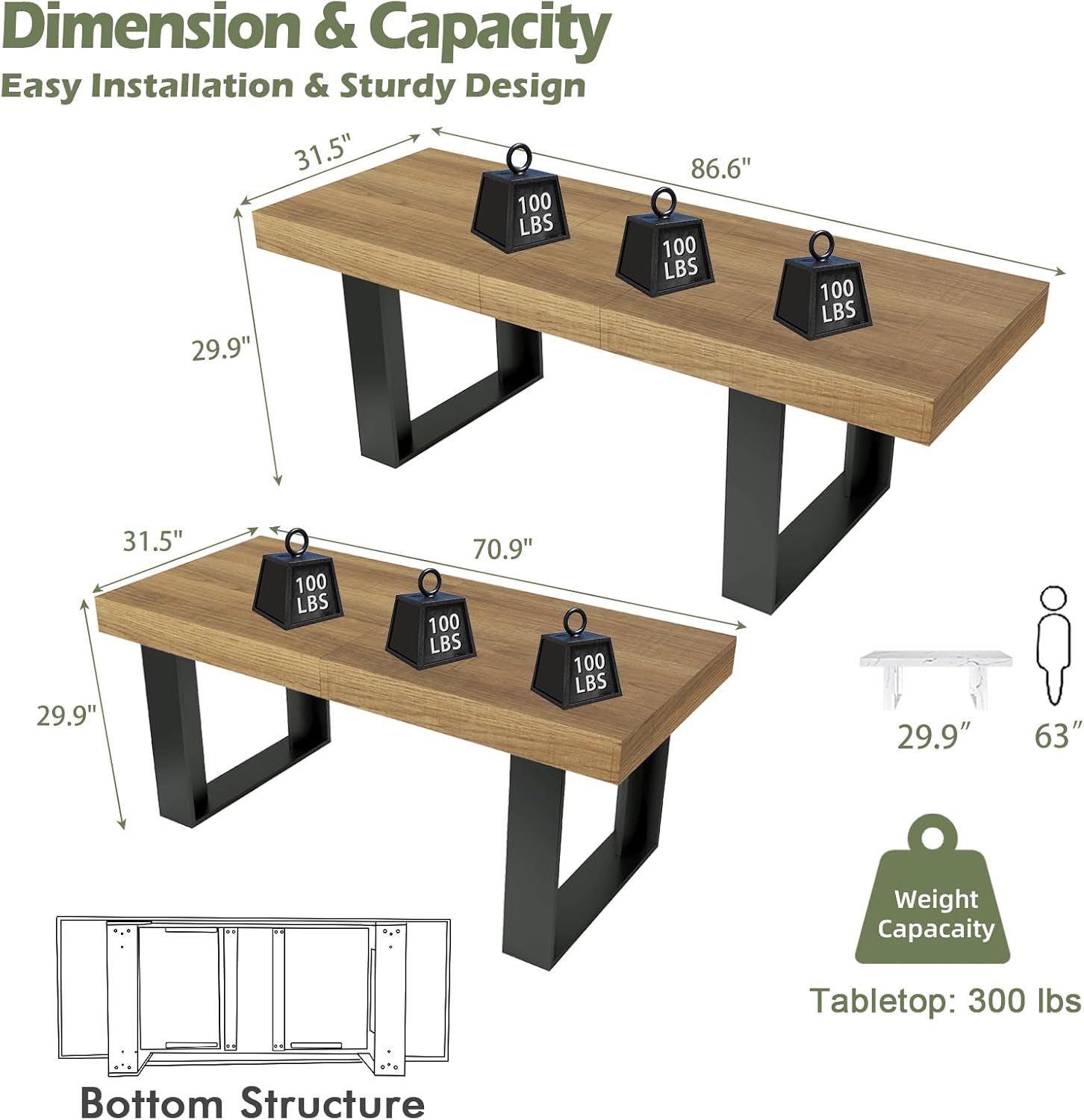 STHOUYN Farmhouse Rustic Extendable Dining Room Table for 8 10, 70.9 (86.6) x 31.5, Rectangular Dinner Table for 6-10, Mid Century Modern Expandable Retractable Wooden Kitchen Table (Brown)