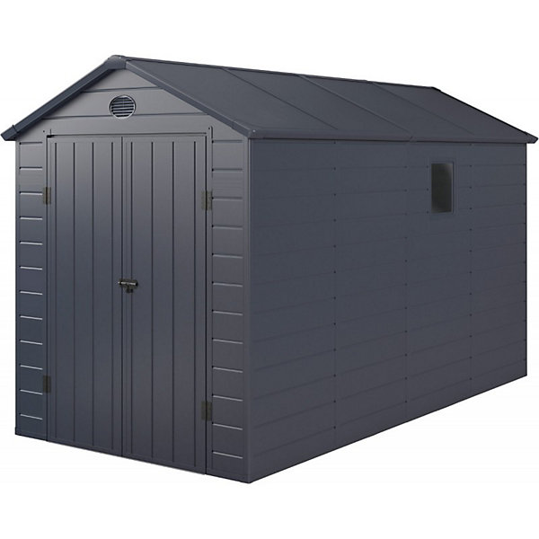 Abri de jardin résine anthracite 6,99m² double porte   kit fondation Jôbu