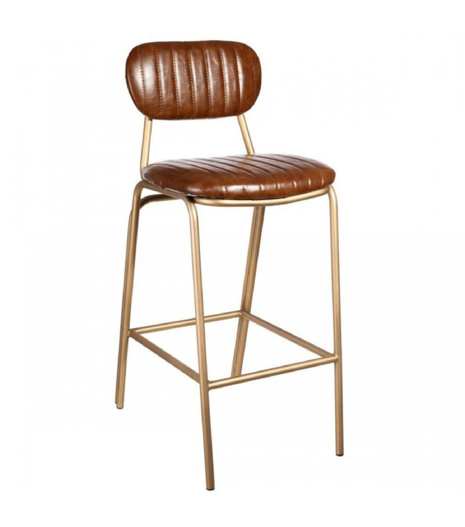 VINTAGE - Tabouret de bar métal doré et assise marron
