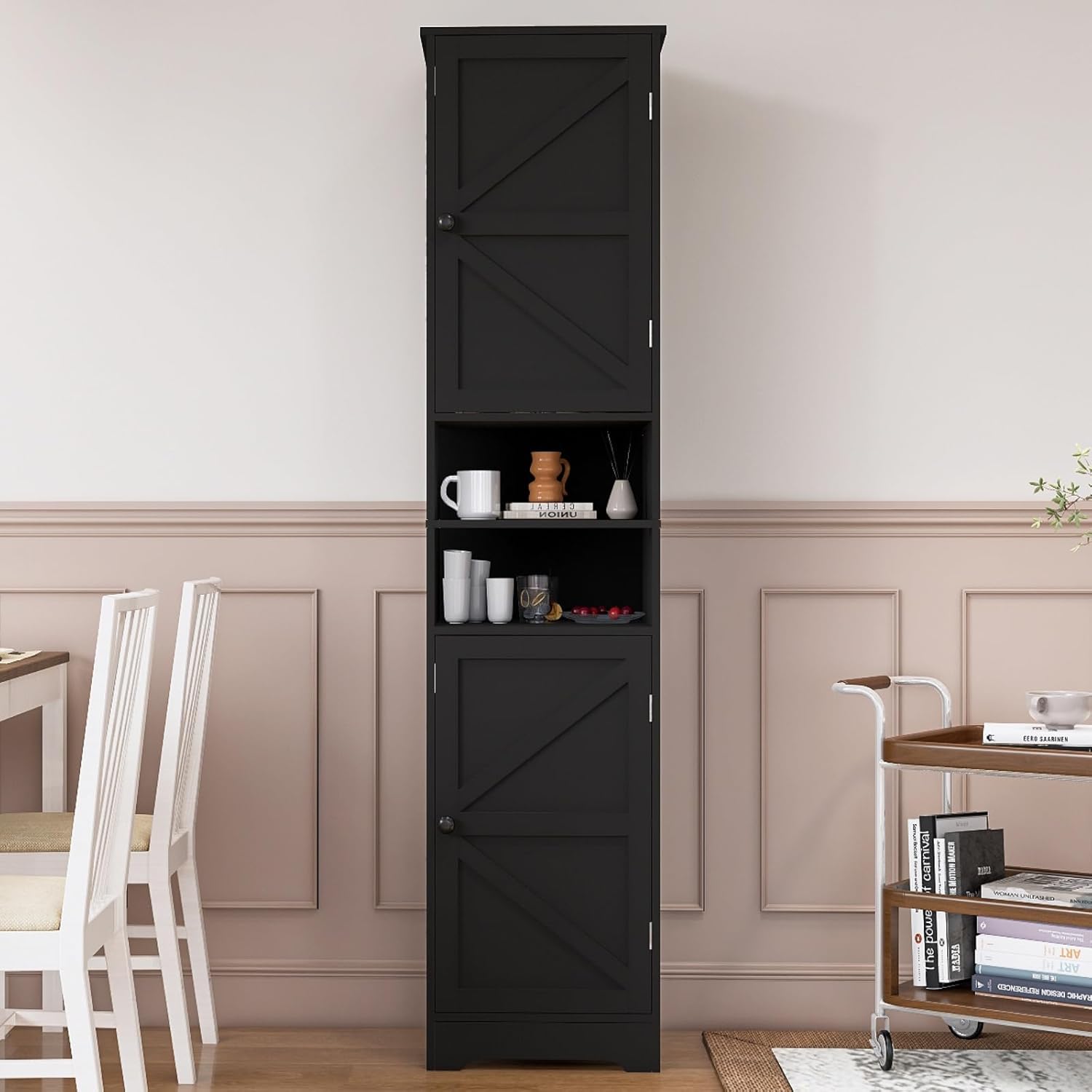 Viaozutis Tall Bathroom Storage Cabinet, Vertical Freestanding Organizer with Adjustable Shelf, Slim Design for Small Bathrooms, Towels & Toiletries Storage Black