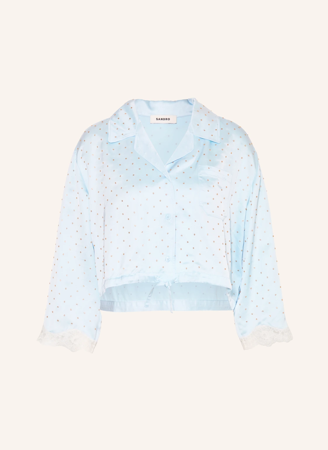 SANDRO Satinbluse mit Schmucksteinen und Spitze