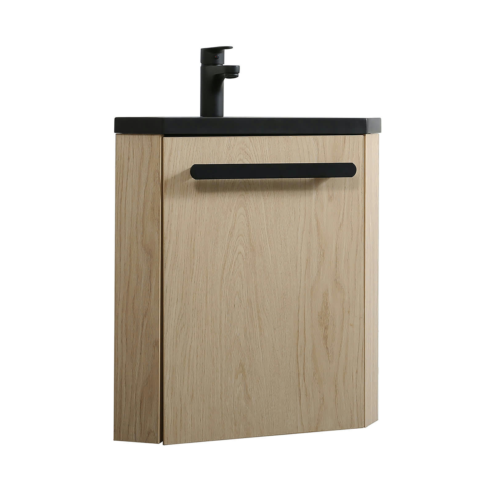 SKINO - Meuble lave-mains  décor chêne avec vasque noire + robinet noir