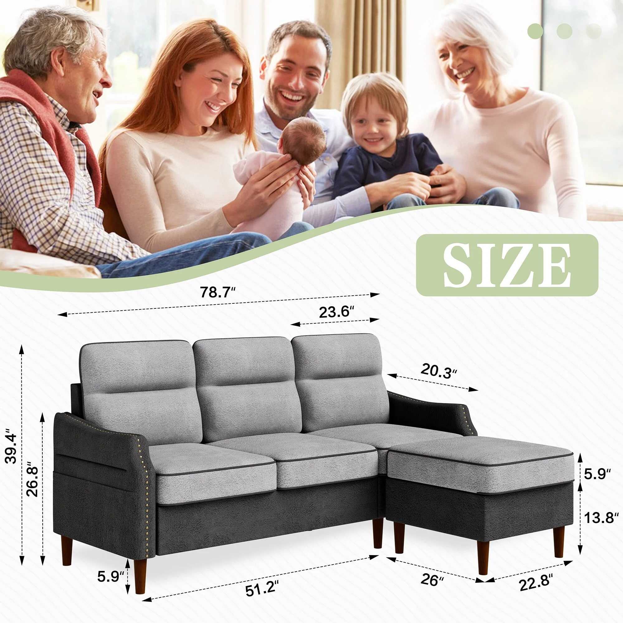 Futzca 78” L Shaped Sofa Couch with Ottoman and Side Storage Bag