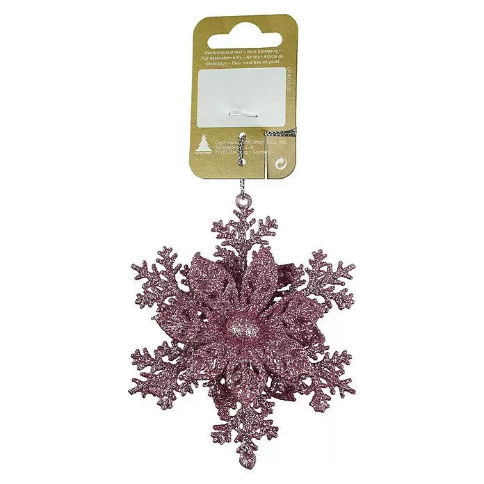 JULETREPYNT BLOMST PÅ SNØFNUGG GLITTER 10CM ROSA