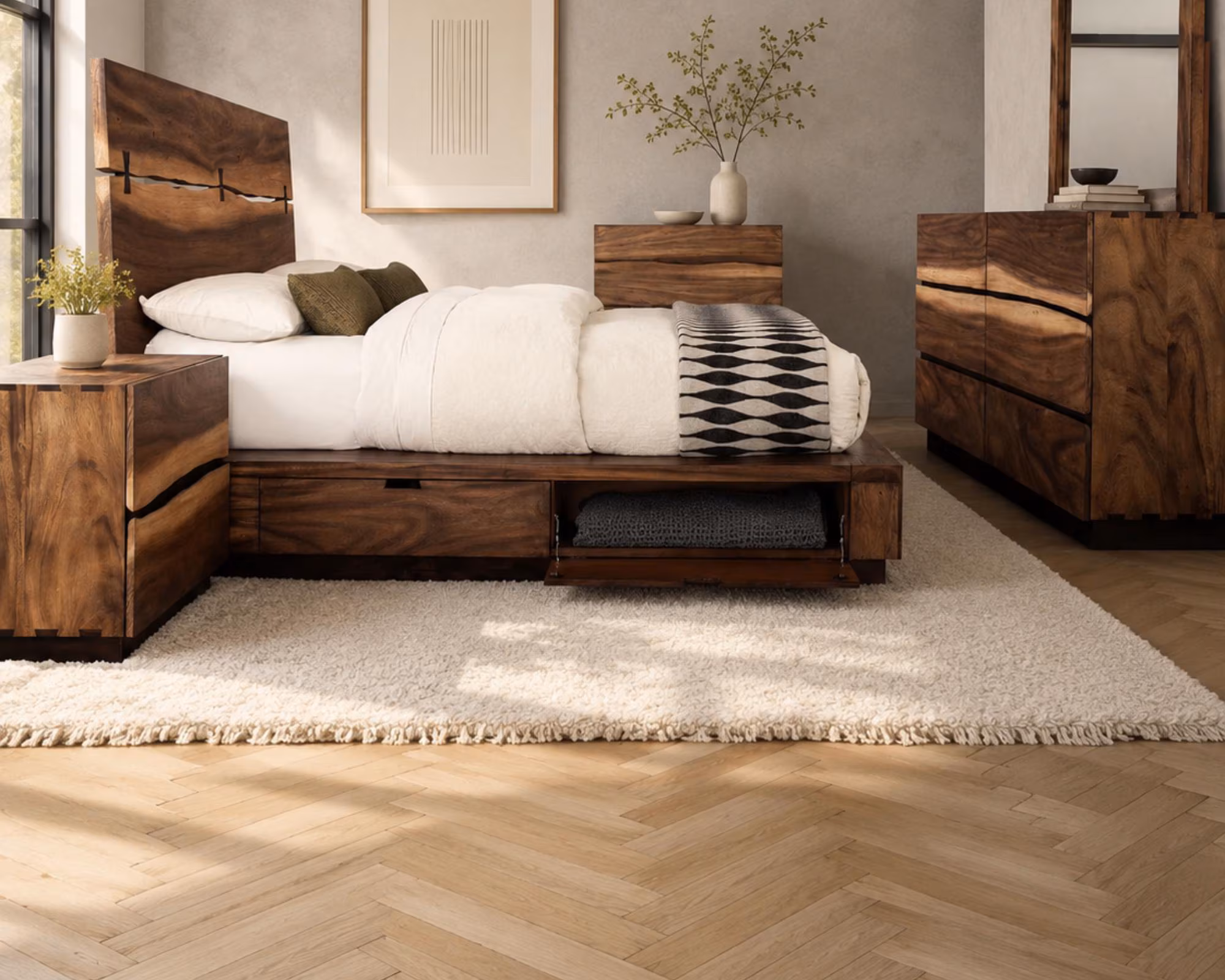 King Storage Bedroom Set, Walnut Live-Edge Platform Bed, Modern Farmhouse Furniture