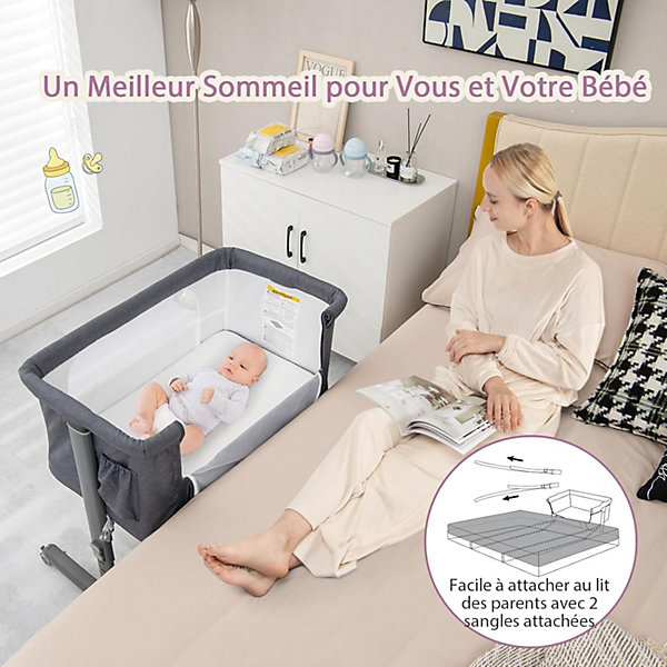 Berceau pour Bébé 3 en 1 Lit pour Cododo Portable avec Mode Berceau Matelas Amovible Hauteur Réglable Poches de Rangement Gris