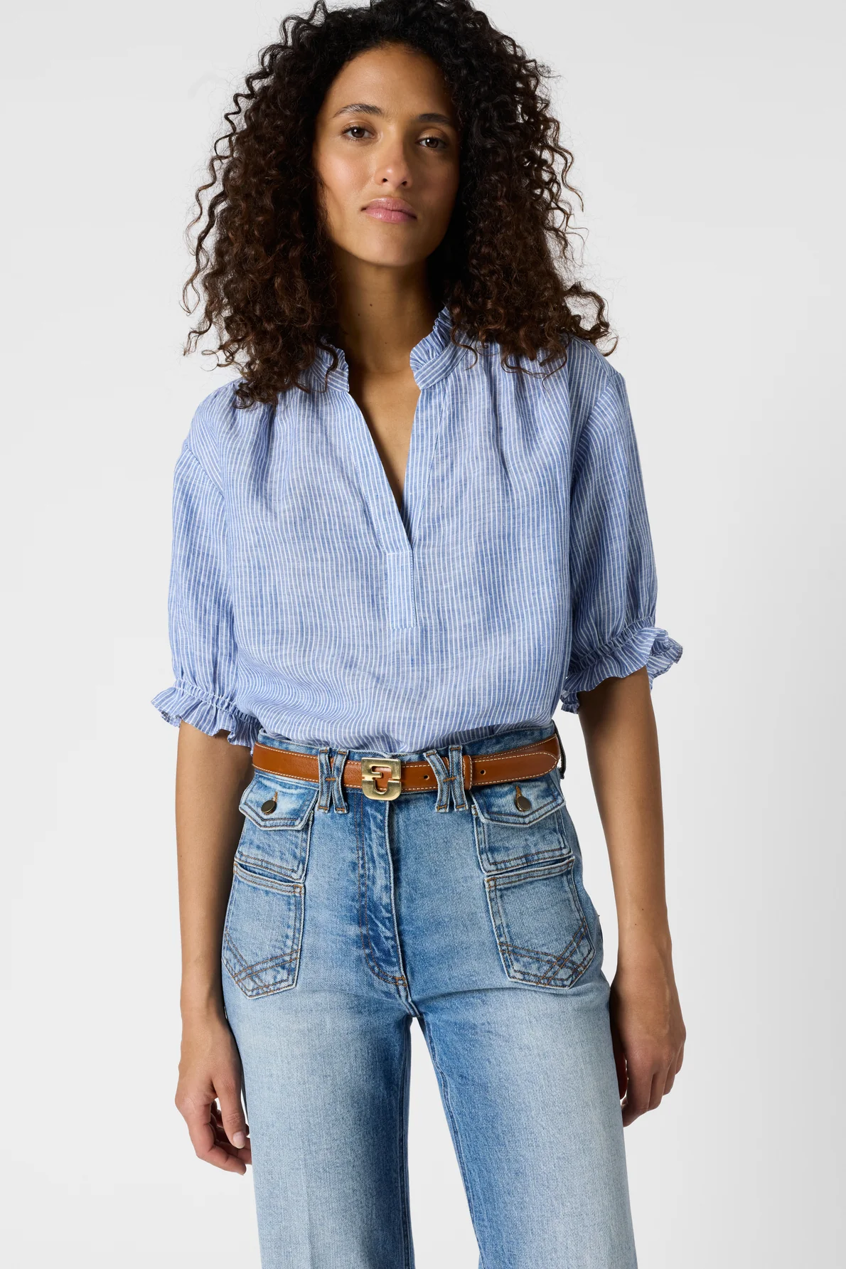 Blouse rayée à volants en lin - CEZIA