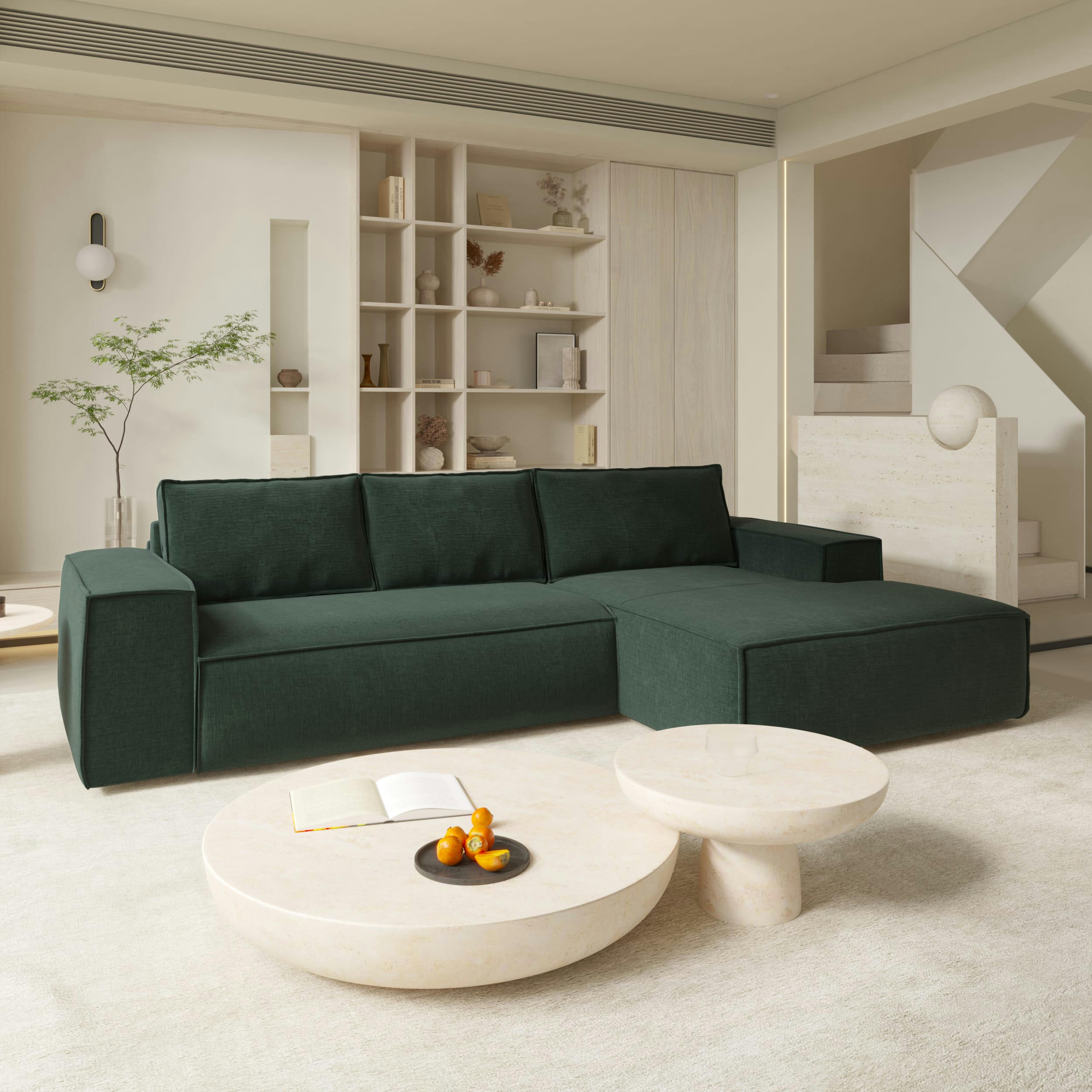 JOAN - Canapé convertible angle droit dunlopillo velours texturé vert 140cm