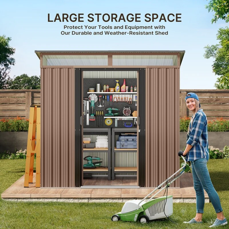 6' x 4' / 8' x 6' Outdoor Storage Shed, Galvanized Metal Garden Shed with Double Lockable Doors