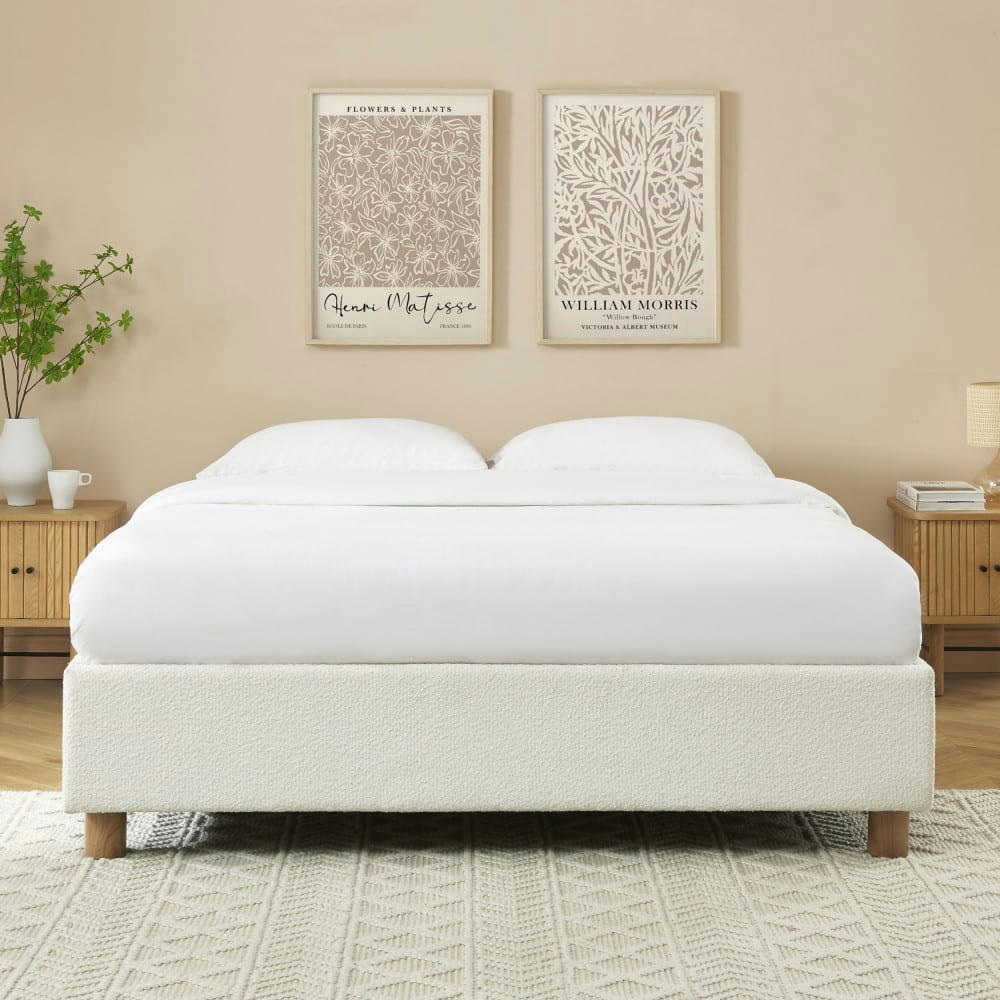 MILLO - Lit coffre en tissu bouclette 140x190cm ecru