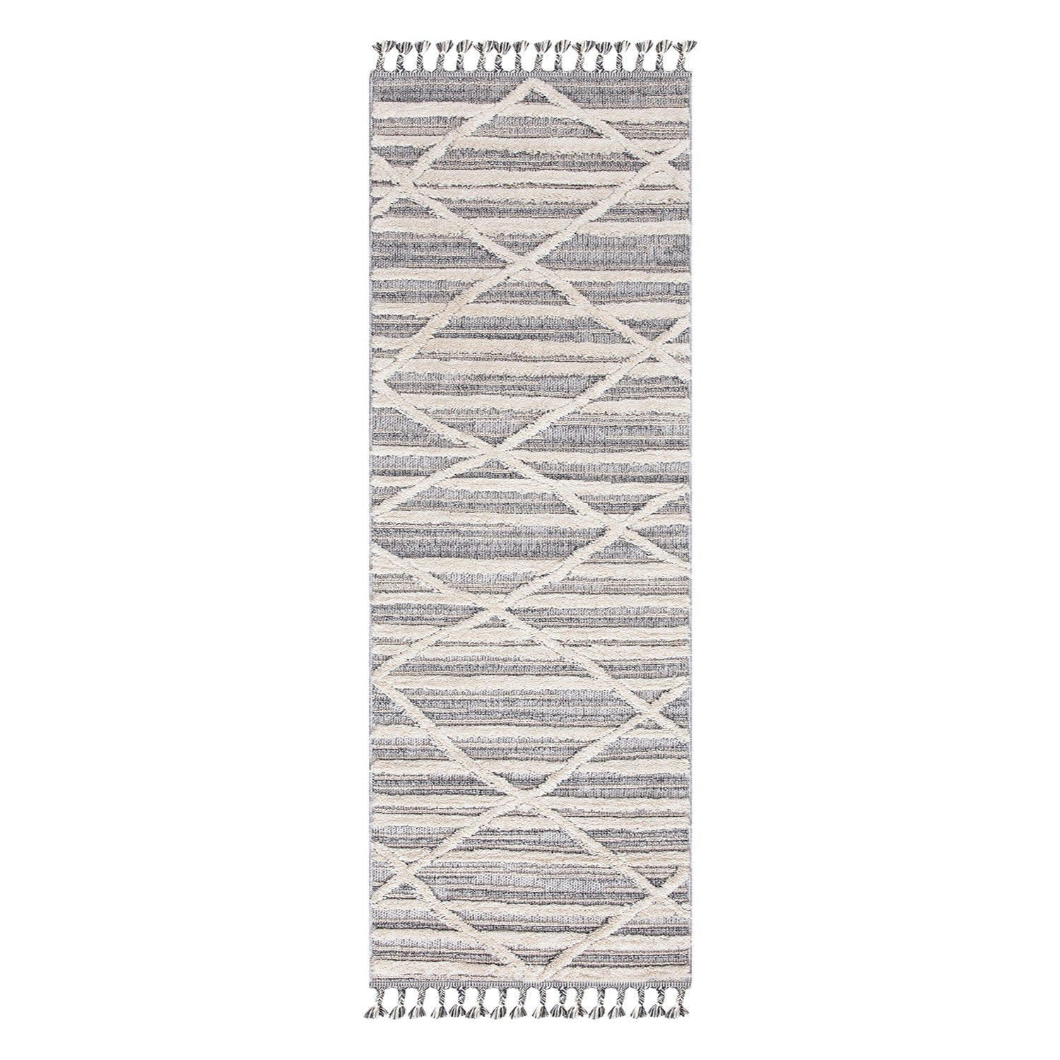 BOHOUSE - Tapis bohème chic à franges tressées crème et gris 80x300cm