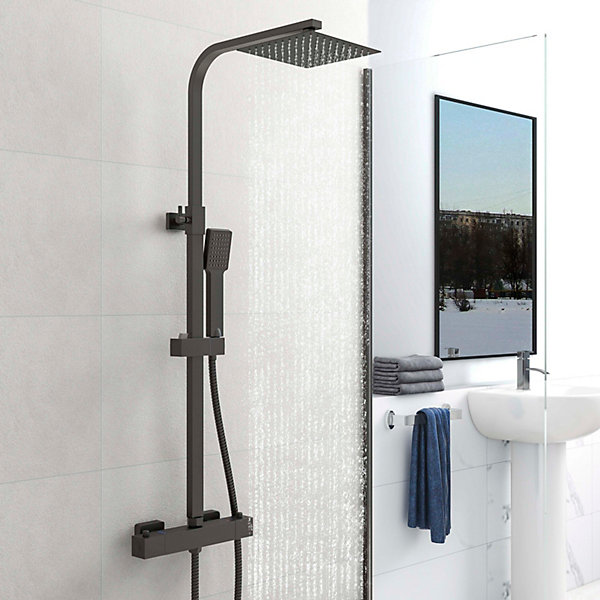AICA colonne de douche thermostatique noir mat avec douche de tête carrée 20X20cm, réglable en hauteur 730-1150mm
