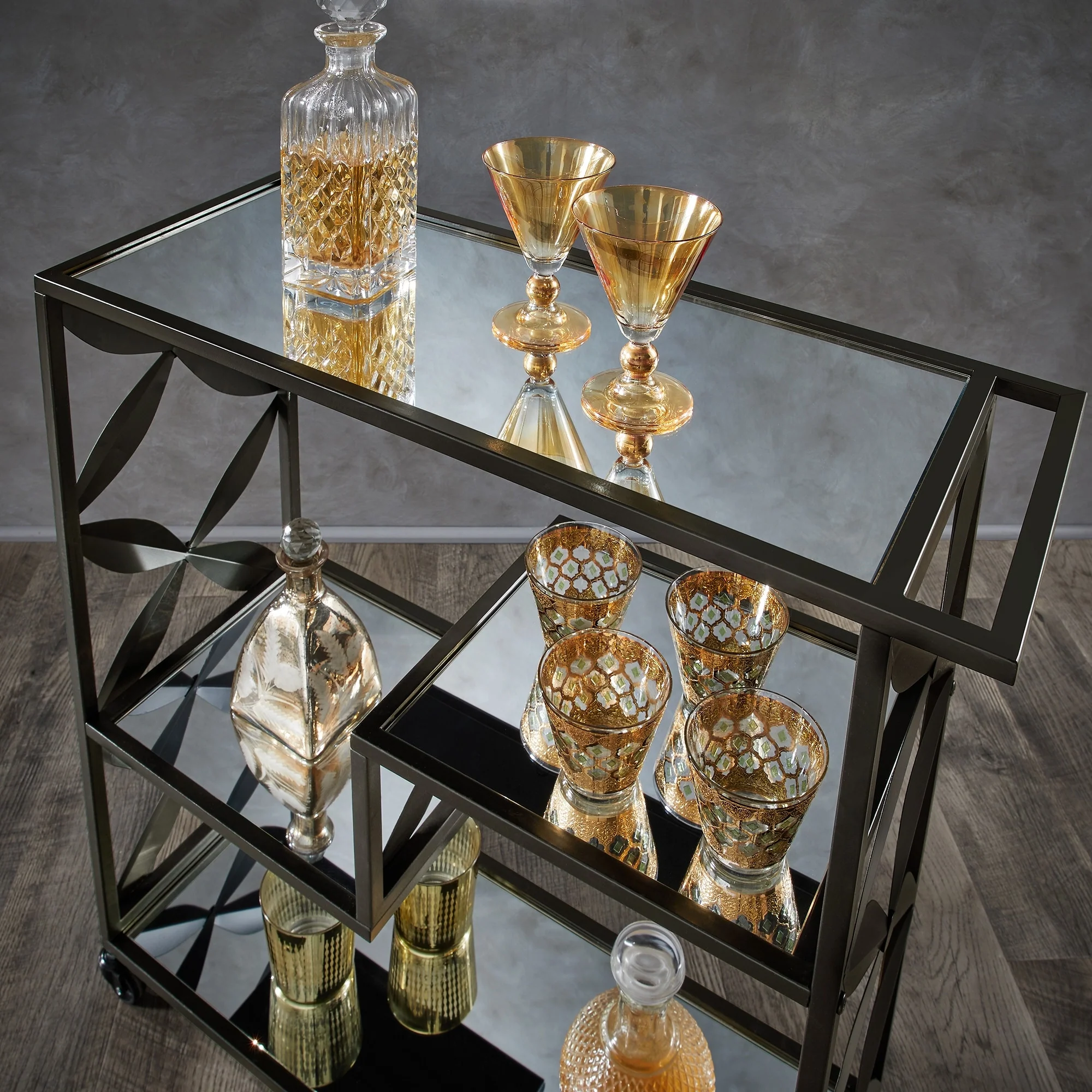 Willits Black Finish Mirrored Bar Cart with Shelf by iNSPIRE Q Modern