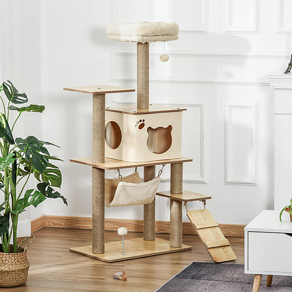 Arbre à chat design effet bois naturel H.130cm nombreux équipements jouets