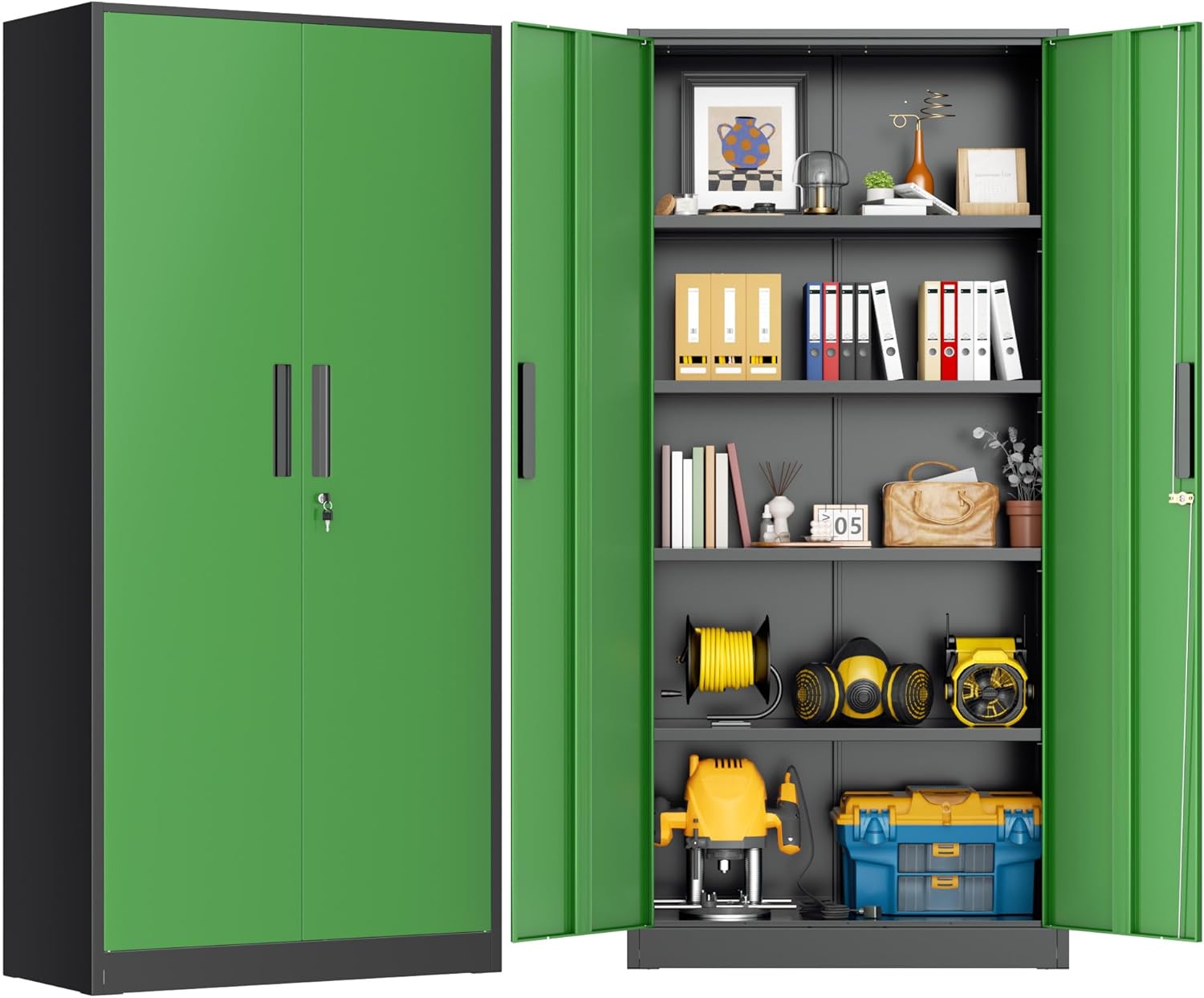 Greenvelly Metal Storage Cabinet, Steel Garage Cabinet with Doors and Adjustable Shelves, Metal Cabinet with Lock,Tall Metal Office Storage Cabinet for Garage,Home Office,School (Black Green)