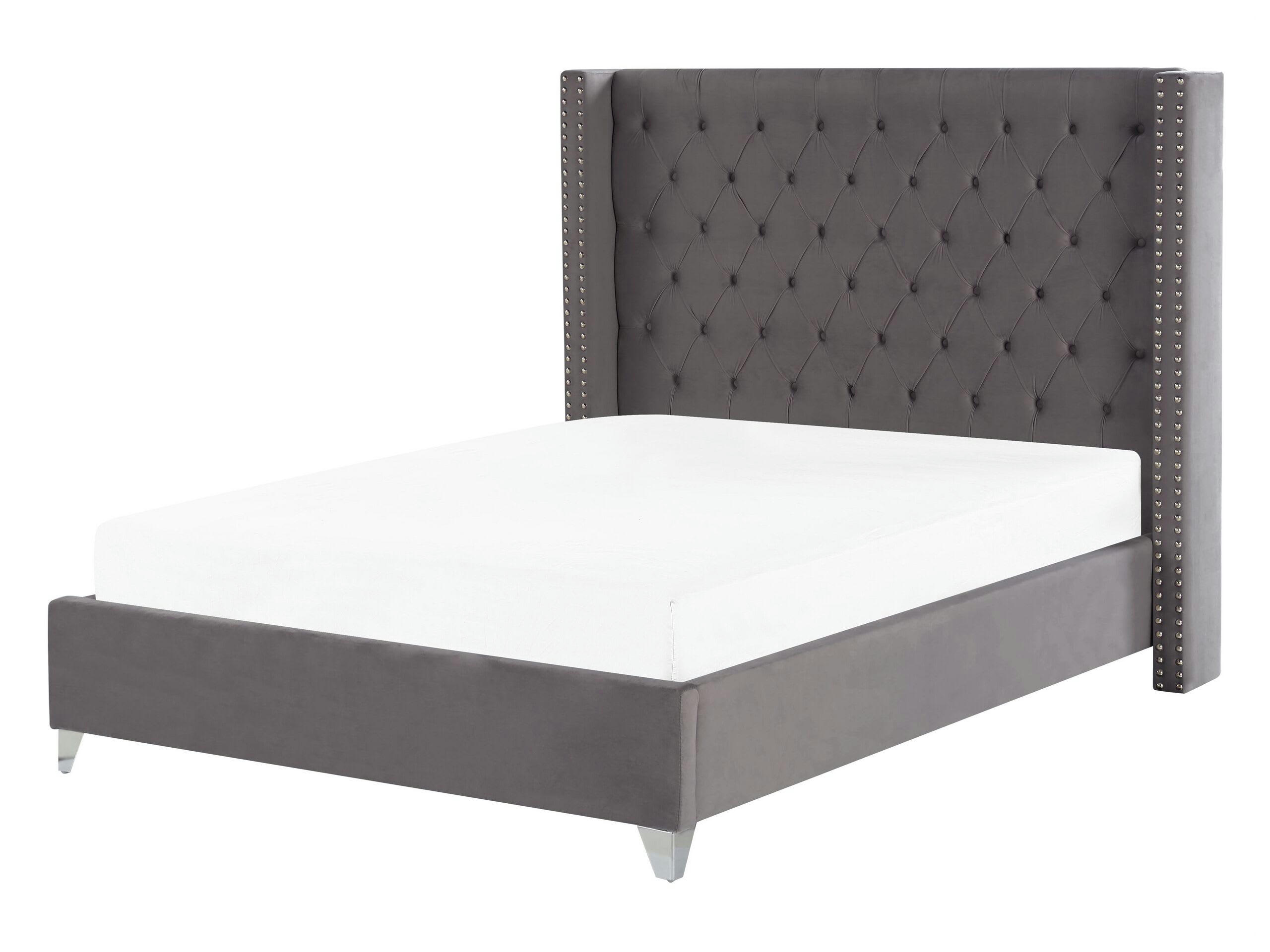 LUBBON - Lit double en tissu gris 140x200