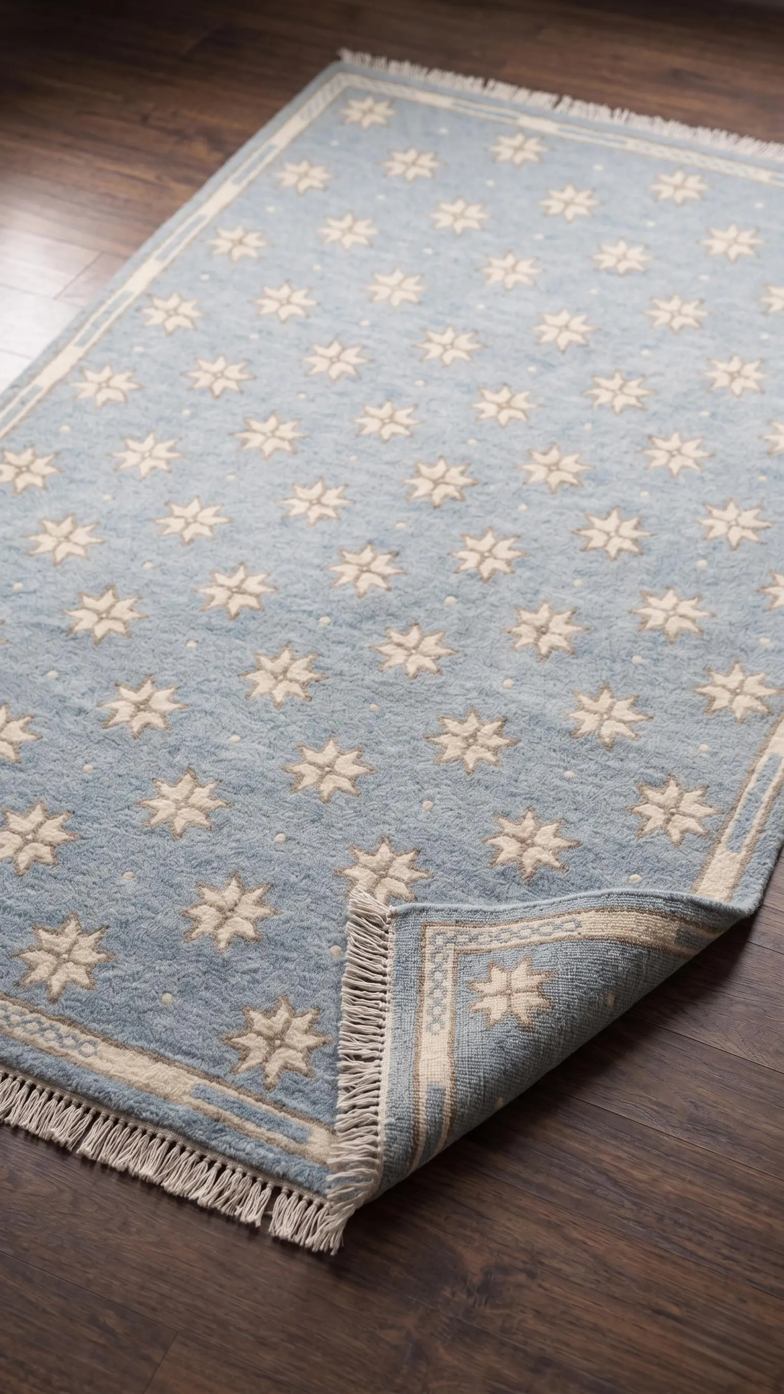 Light Blue Star Geometric Fringed Area Rug | Scandinavian Coastal Farmhouse Carpet