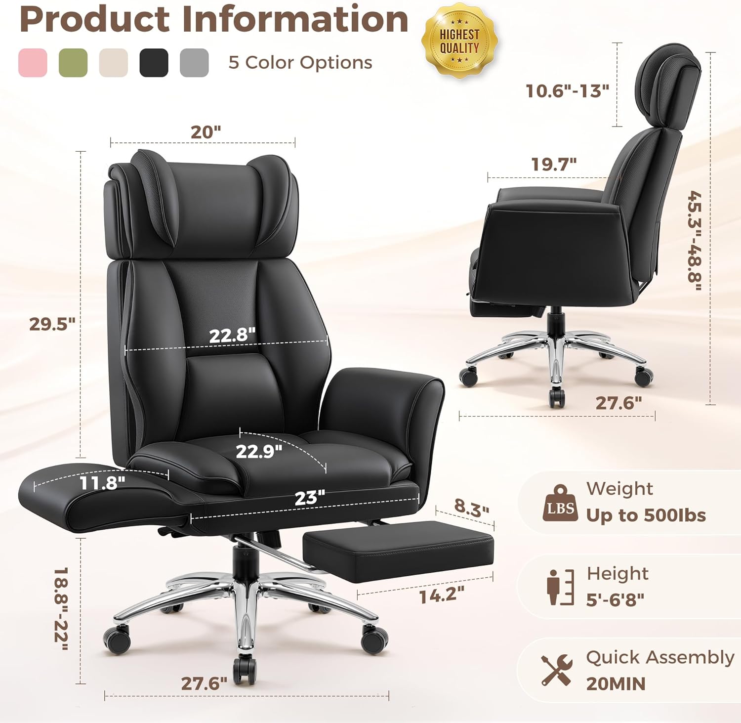 Big and Tall Office Chair, Flip Armrests for Pets & Cross Legged Sitting, Ergonomic Leather Executive Desk Chair with Foot Rest, High-Back Reclining Computer Chairs for Office Home Game - Black