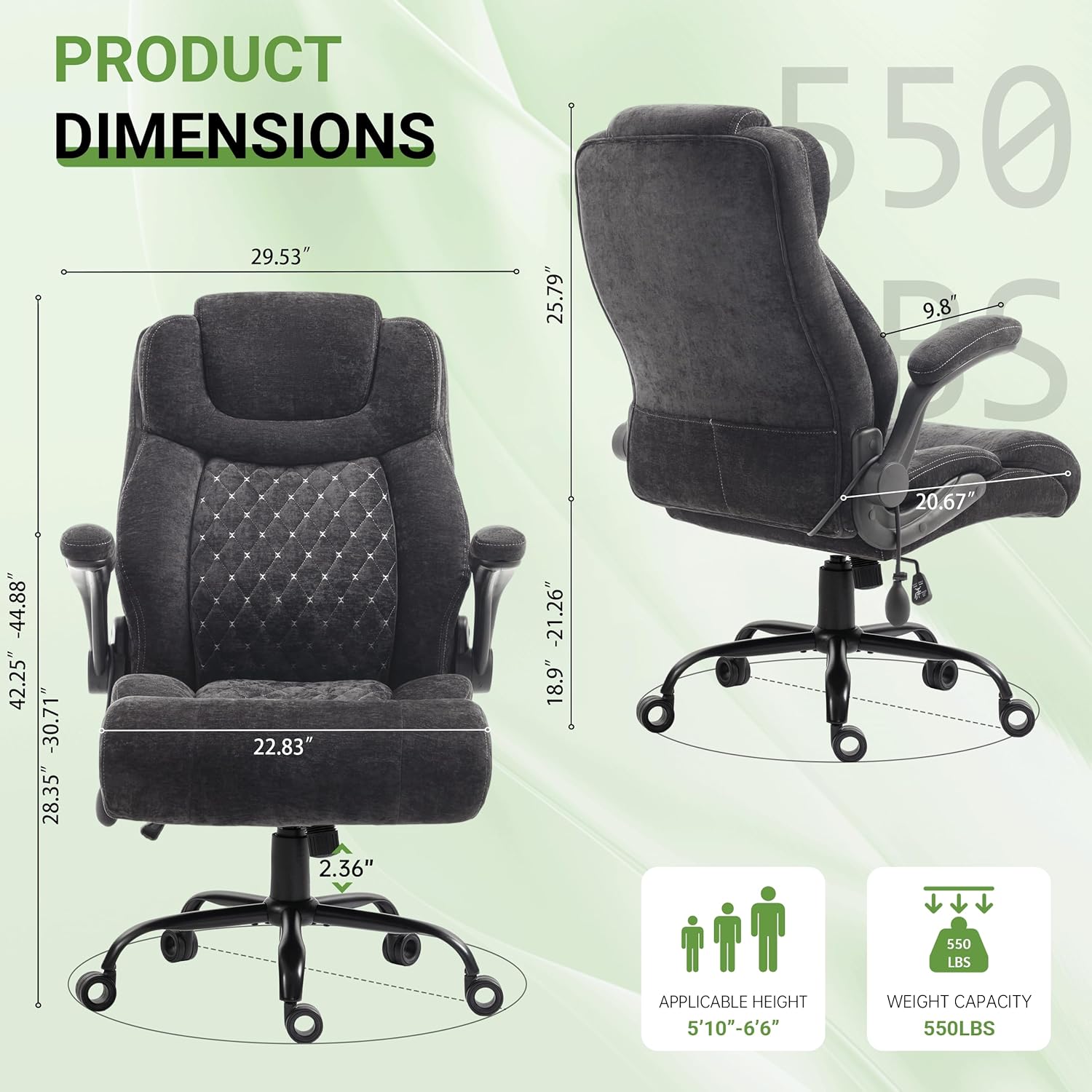 Office Chair, Big and Tall Executive Chairs with Lumbar Support for Back Pain, Breathable Fabric Desk Computer Chair with Adjustable Flip-up Armrests,Wide Cushion Swivel Home Office Chair Black,Black
