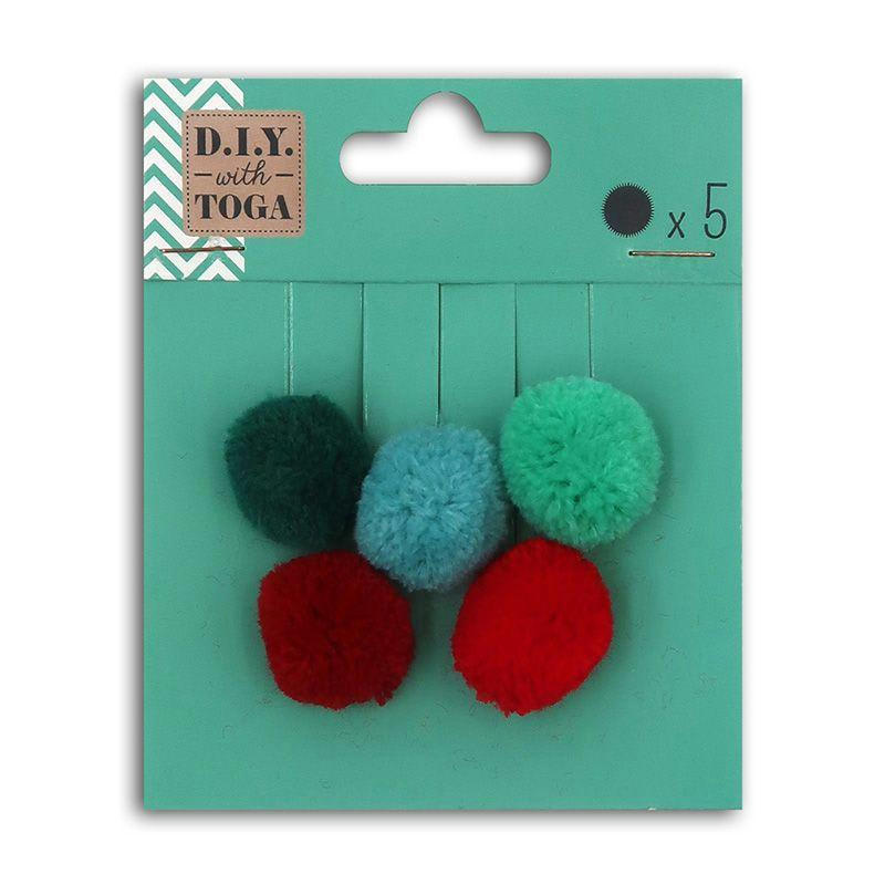 - 5 pompons en laine rouge et vert 2cm