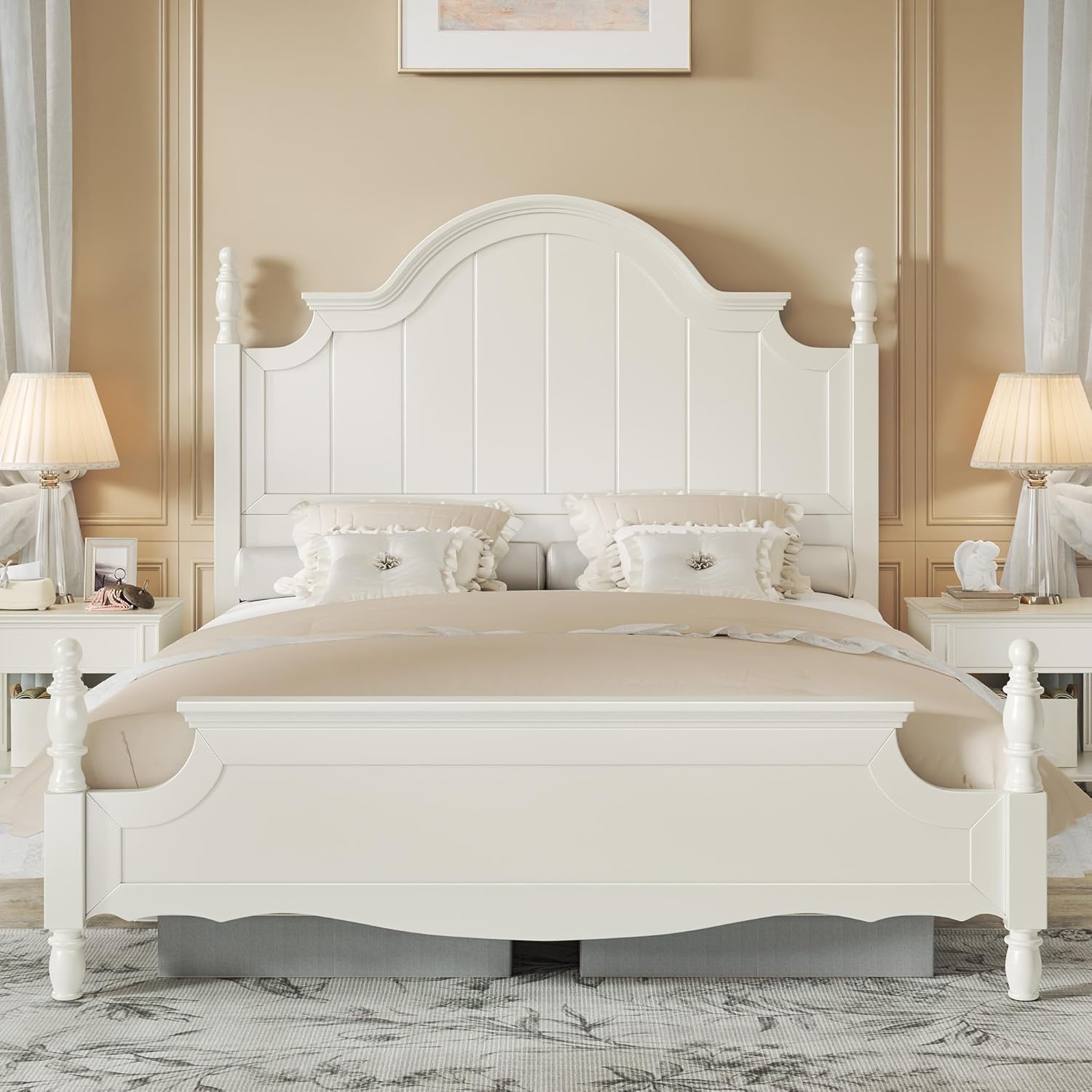 AMERLIFE Solid Wood Queen Bed Frame with 56 Arched Headboard, Traditional Poster Bed with Wooden Slats Support, No Box Spring Needed, Easy Assembly, White
