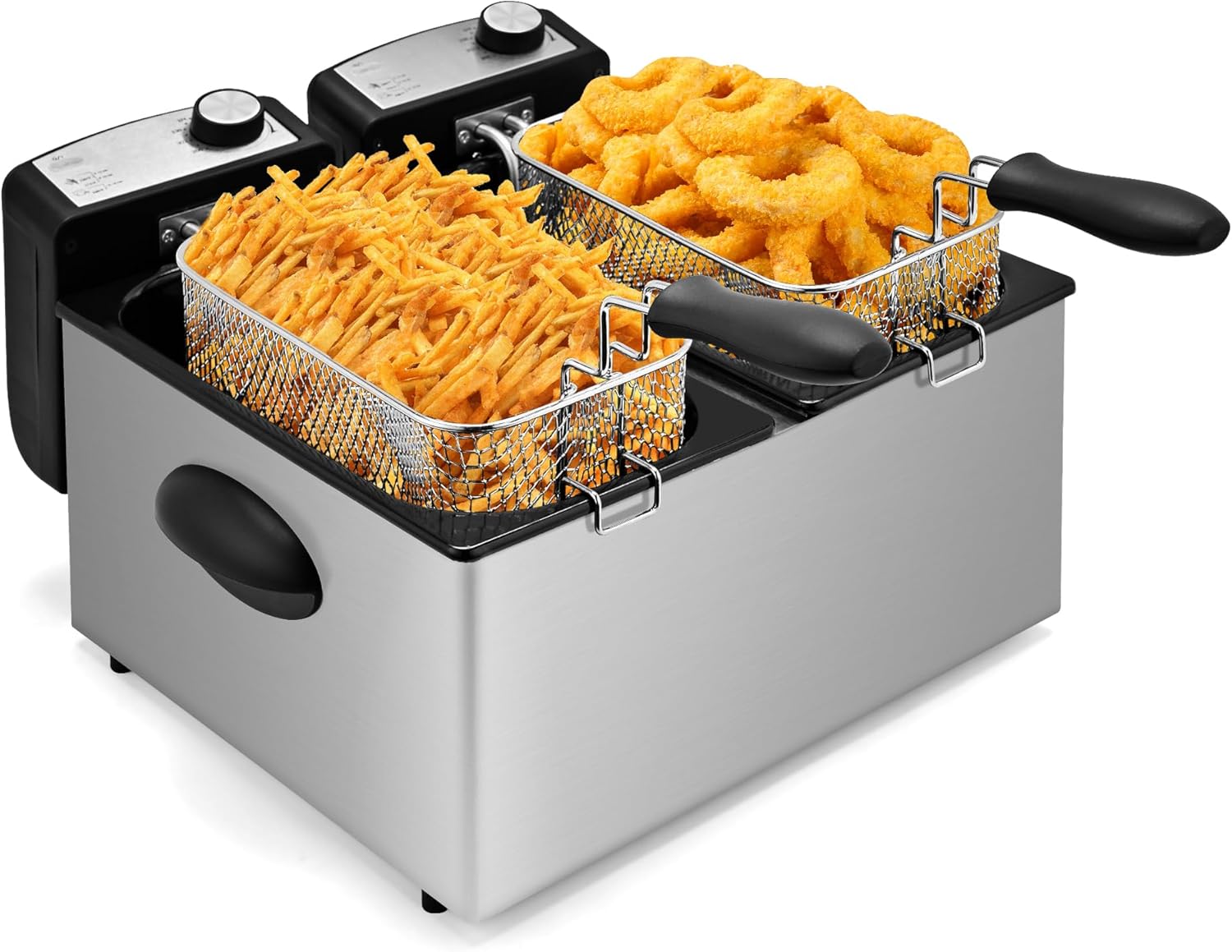 Pukomc Electric Double Deep Fryer with 2 Baskets & Lids, 3L Stainless Steel Removable Double Fryer,Temperature Control,Overheat Protection,3000W