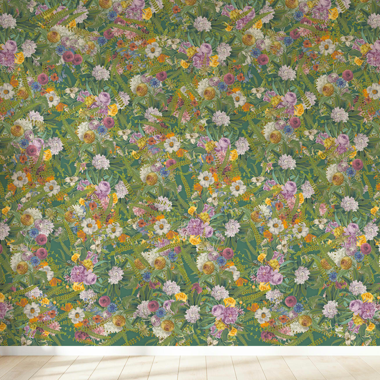 - Papier peint motifs fleuris blanc vert 425x260cm