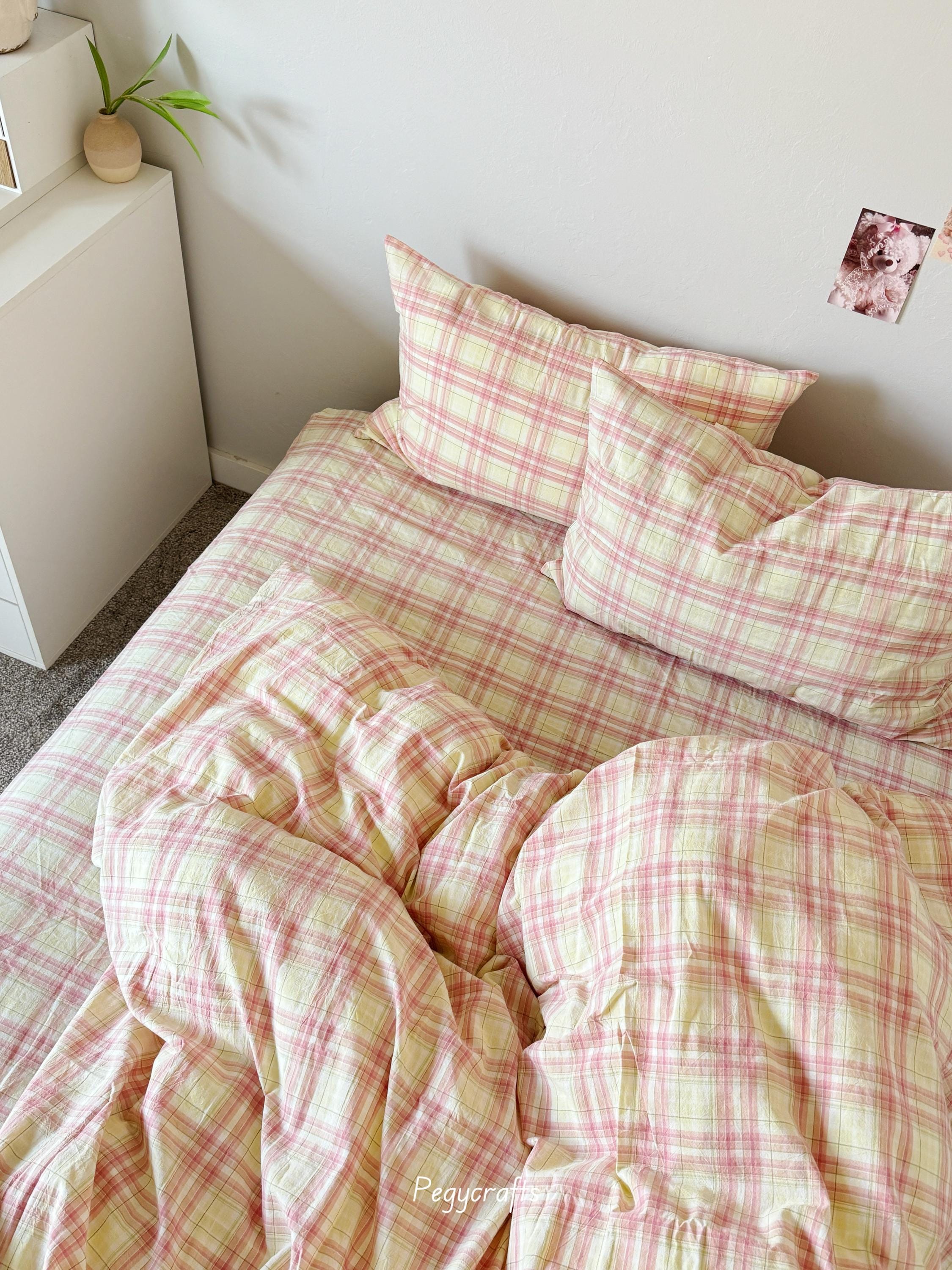 Pink Gingham Washed Cotton Duvet Cover and Pillowcase Set