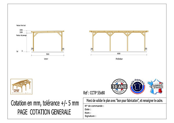 Carport toit plat 550cmx800cm bois DOUGLAS français (charpente - auvent - abri camping-car). 44 m². Garantie 10 ans.