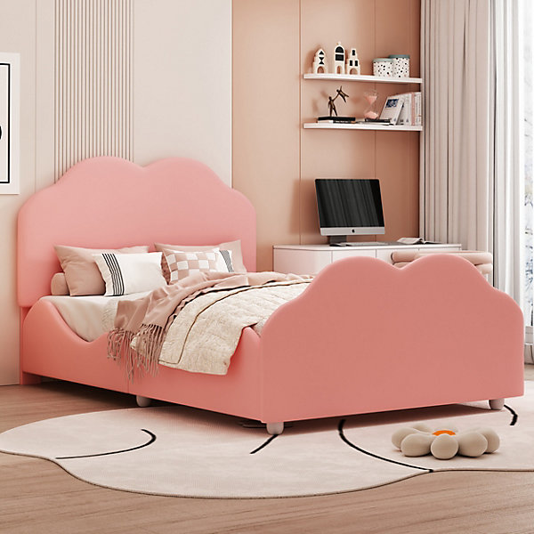 Lit simple 90 sur 200 cm cadre avec barrières tête et pied en forme de nuage en velours doux rose