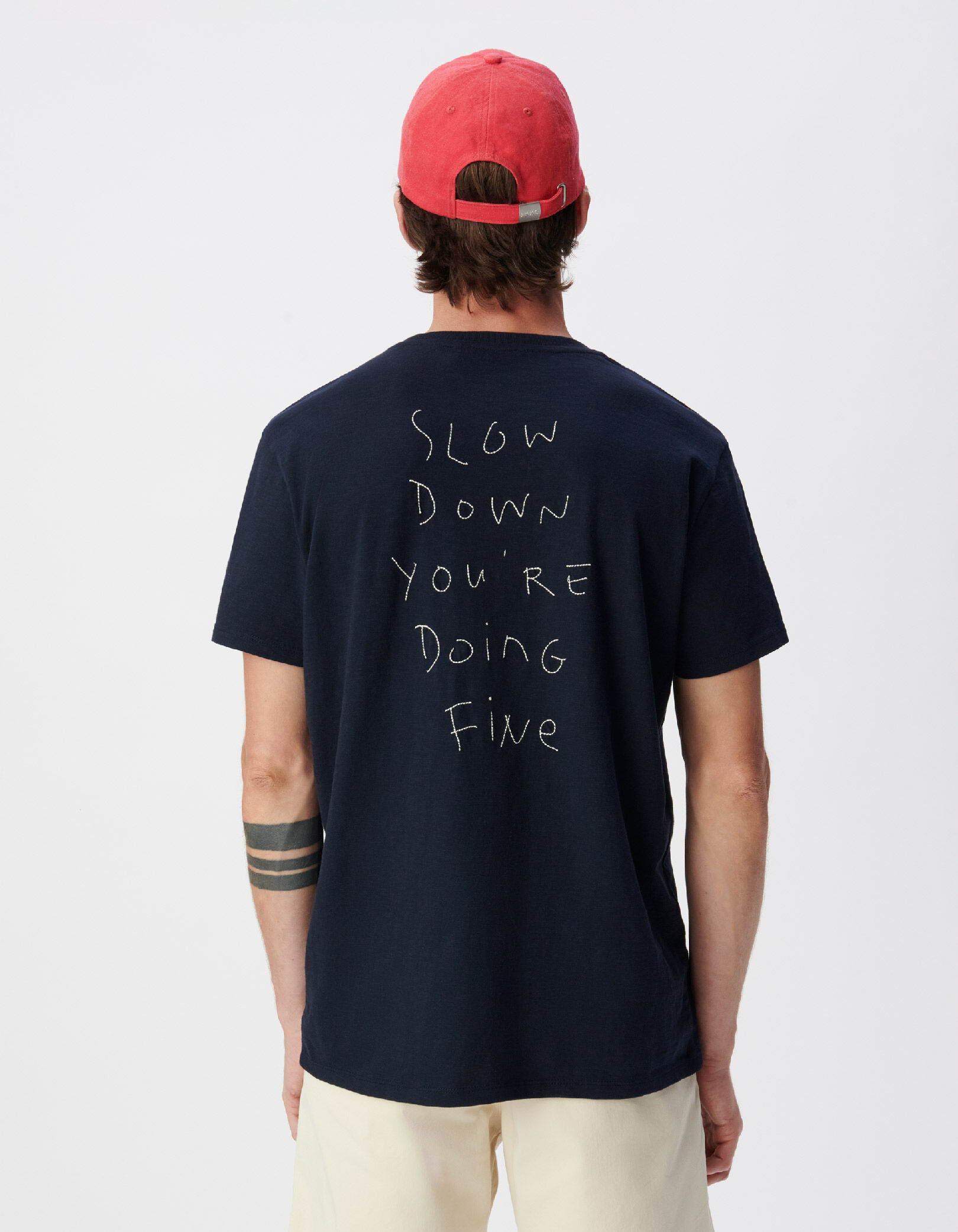 T-shirt marine flammé broderies devant dos Homme