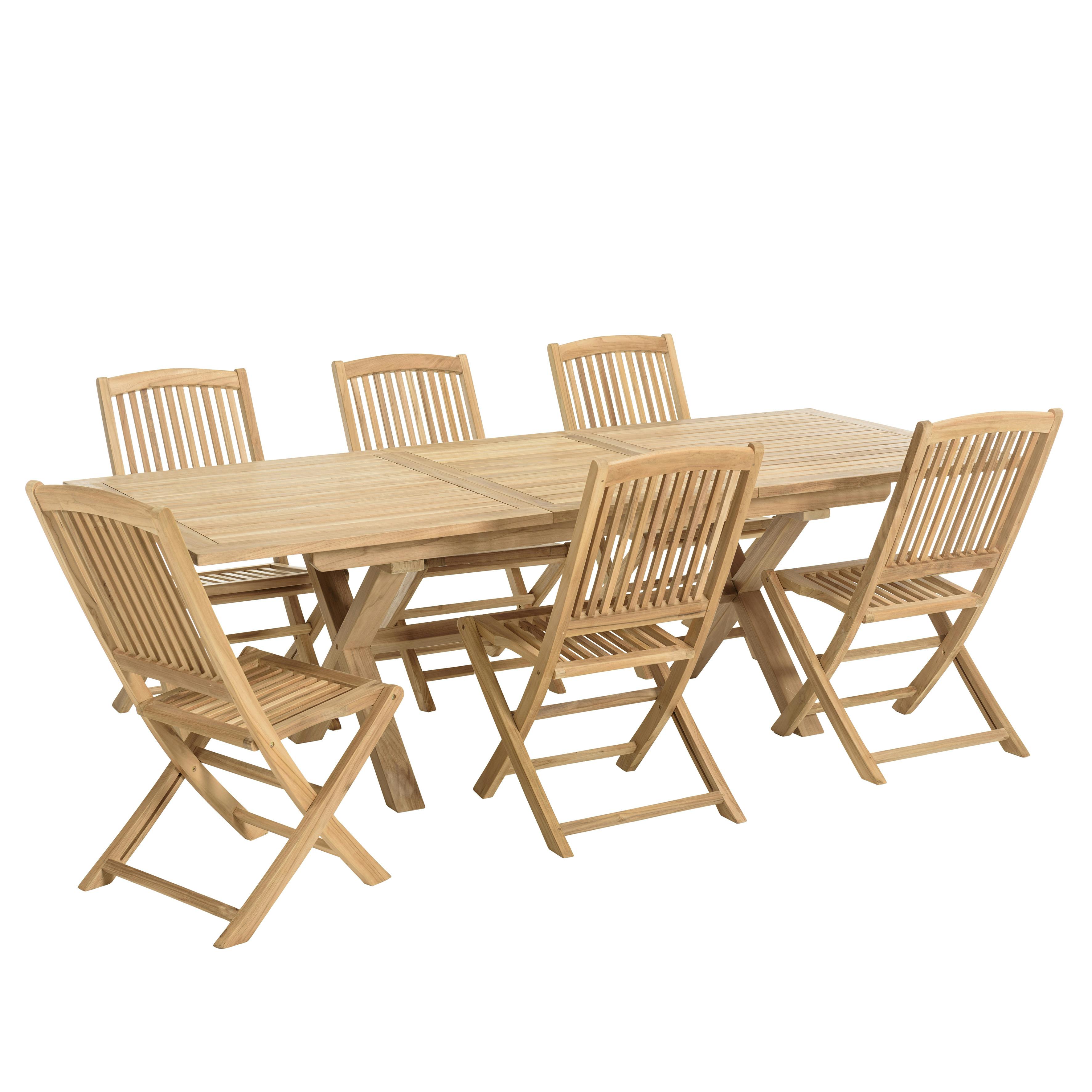 Salon de jardin teck brut table pieds en croix 180/240   6 chaises bord arrondi SUMMER