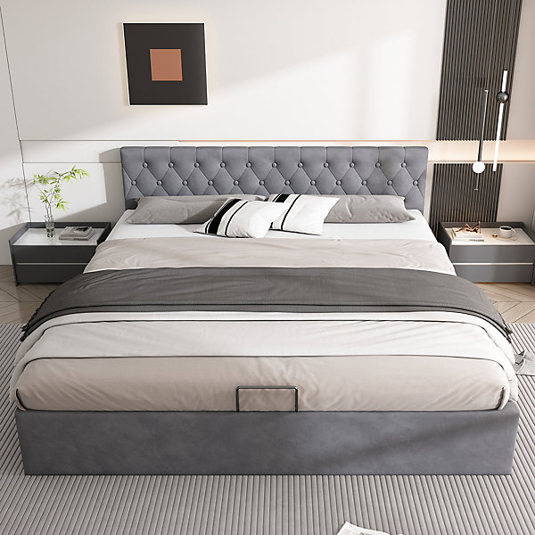 Lit 180x200 cm tapissé velours gris avec tête de lit capitonnée et rangement hydraulique intégré