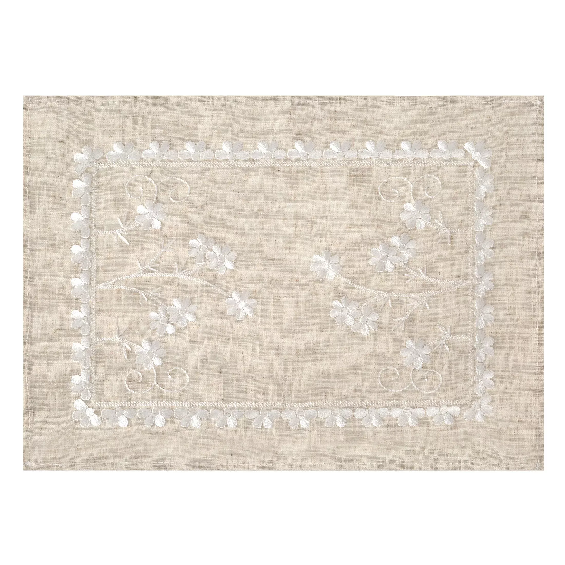 Komplet 4 szt serwetek na stół beżowo, biały30x40 cm ADELINE z dodatkiem lnu zdobiony haftem