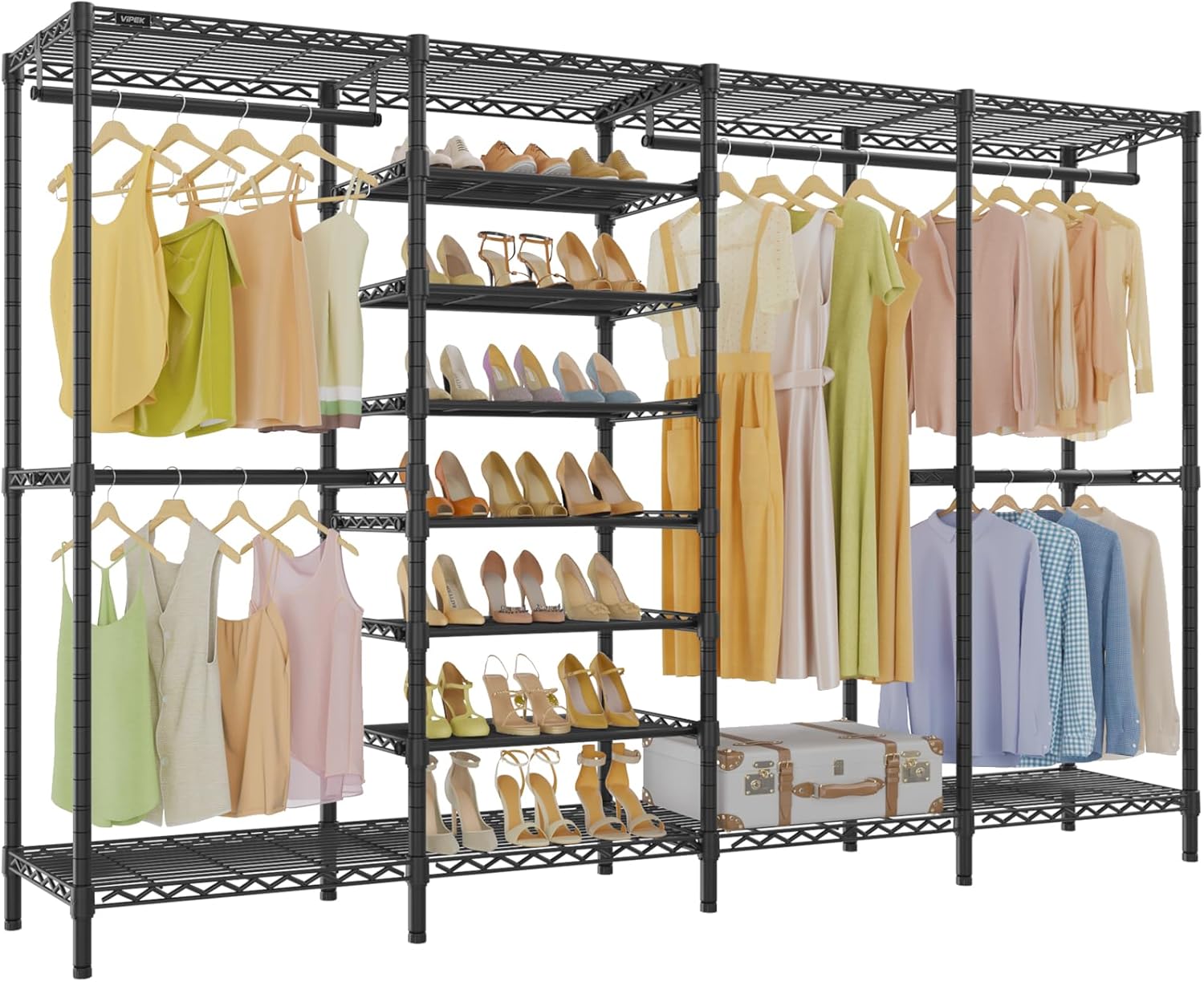 VIPEK S4 Heavy Duty Clothes Rack with Shoe Shelves Freestanding Clothing Rack with 6-Tier Shoe Rack, 4 Hanging Rod, Adjustable Shelf, Walk in Closet Organizer Garment Rack, Black